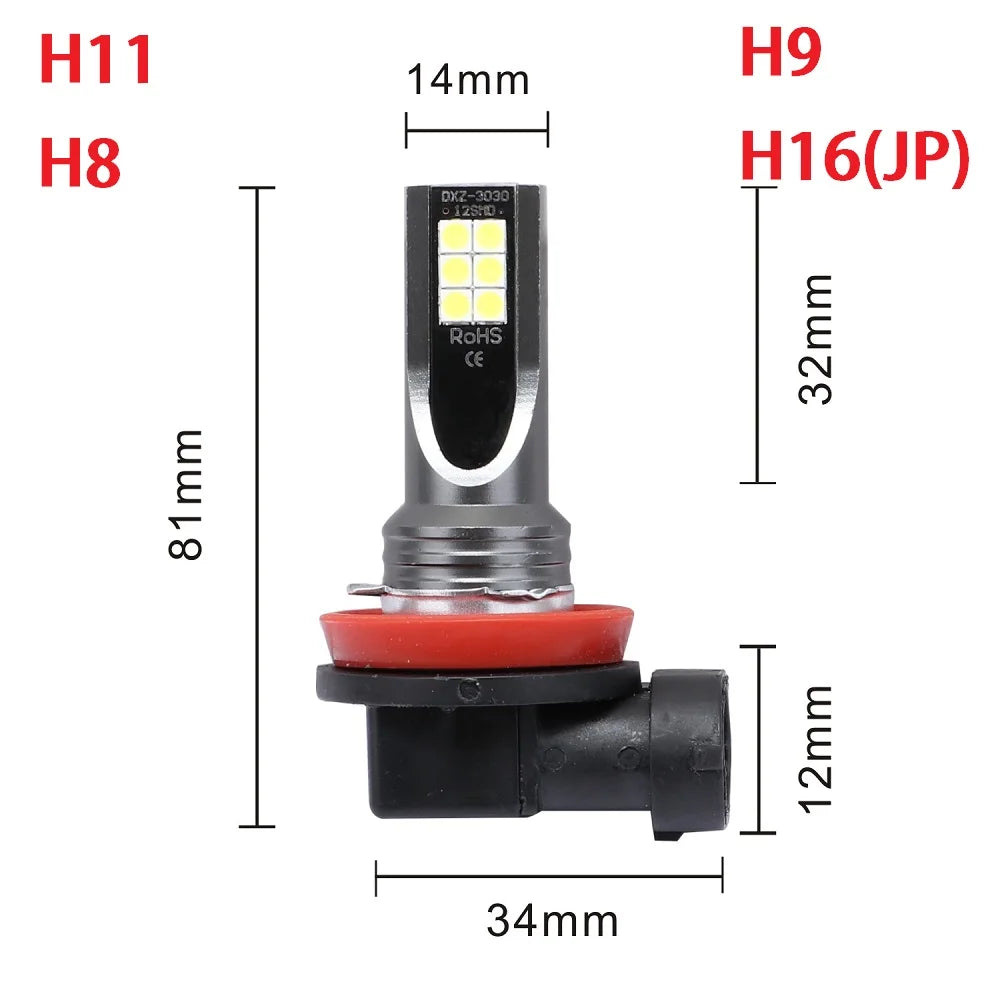 2Pcs H8 H11 LED Bulb H16 JP 9005 HB3 9006 HB4 Led Lamp Super Bright Car Fog Lights Day Driving Running Light 12V 24V 6000K White