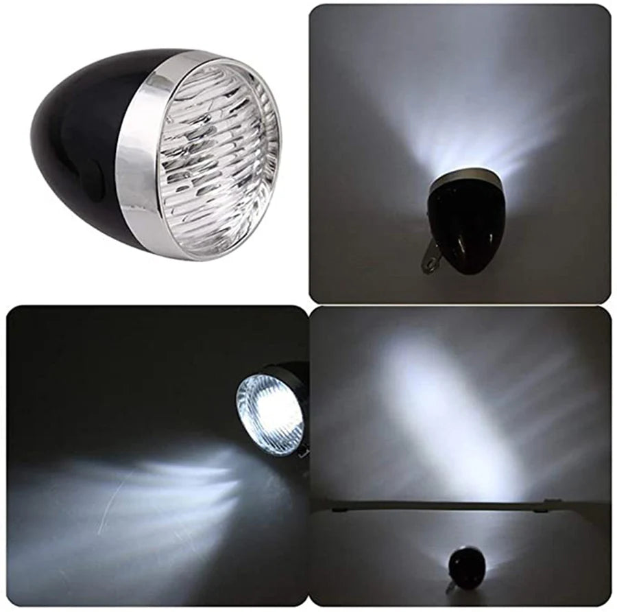 Vintage Bicycle Front Light 3 LED Bike Headlight MTB Flashlight Retro Design Cycling Head Lamp for Night Riding Black Silver