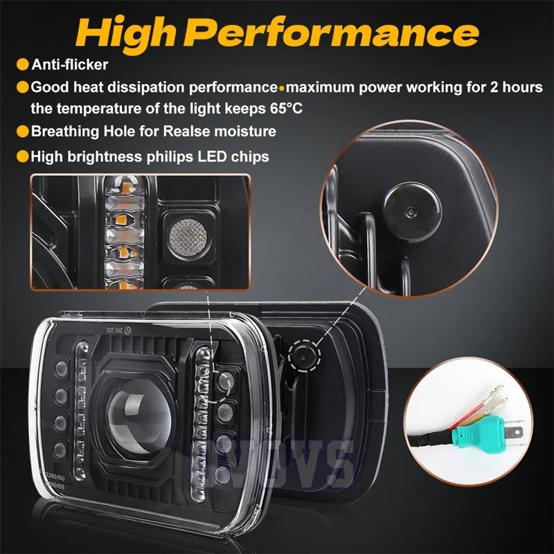 OVOVS 5x7" Square Headlight With Turn Signal Drl 5x7 Headlights for Jeep Cherokee Xj