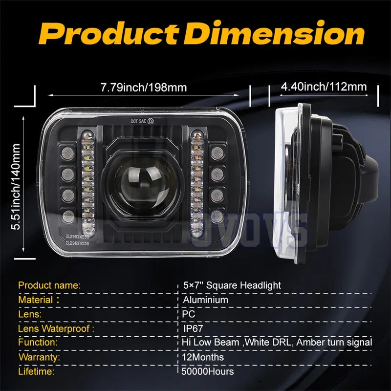 OVOVS 5x7" Square Headlight With Turn Signal Drl 5x7 Headlights for Jeep Cherokee Xj