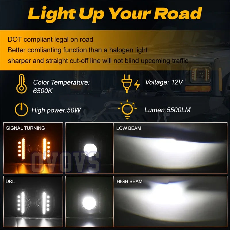 OVOVS 5x7" Square Headlight With Turn Signal Drl 5x7 Headlights for Jeep Cherokee Xj