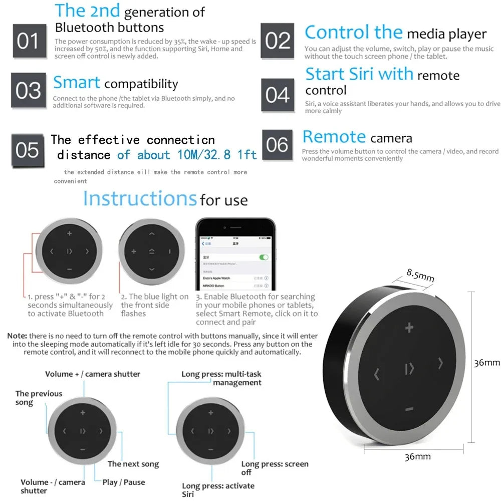Steering Wheel Music Player Wireless Bluetooth Remote Control Media Button