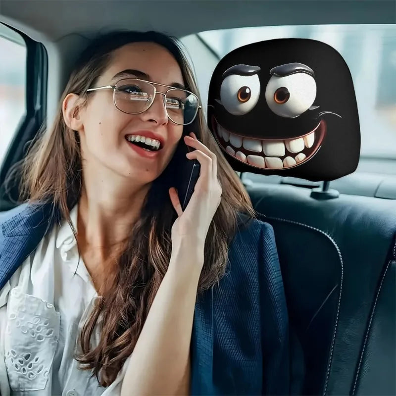 2 pcs Funny Big-Eyed Cartoon Print Car Headrest Cover Interior Auto Protector