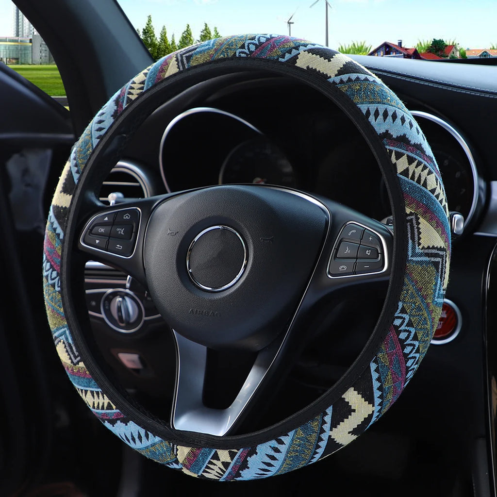 Steering Wheel Cover Breathable Cotton-Like Fabric Rimless Car Decoration