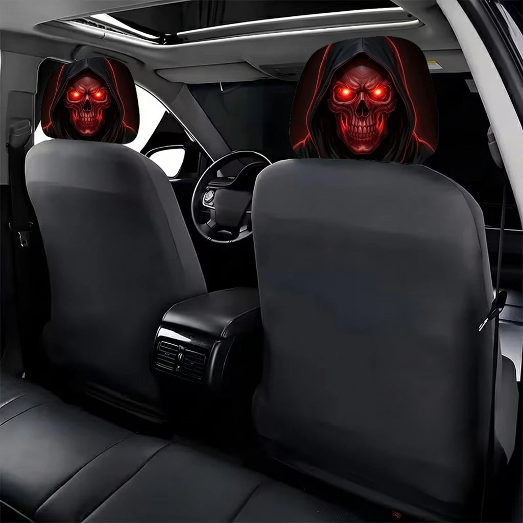Red-Eyed Skull Print Headrest Cover Easy To Install Durable Universal Car