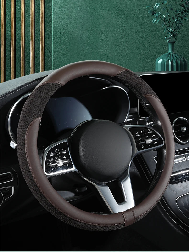 Car Steering Wheel Cover Premium Leather Stitched with Breathable Mesh Fabric