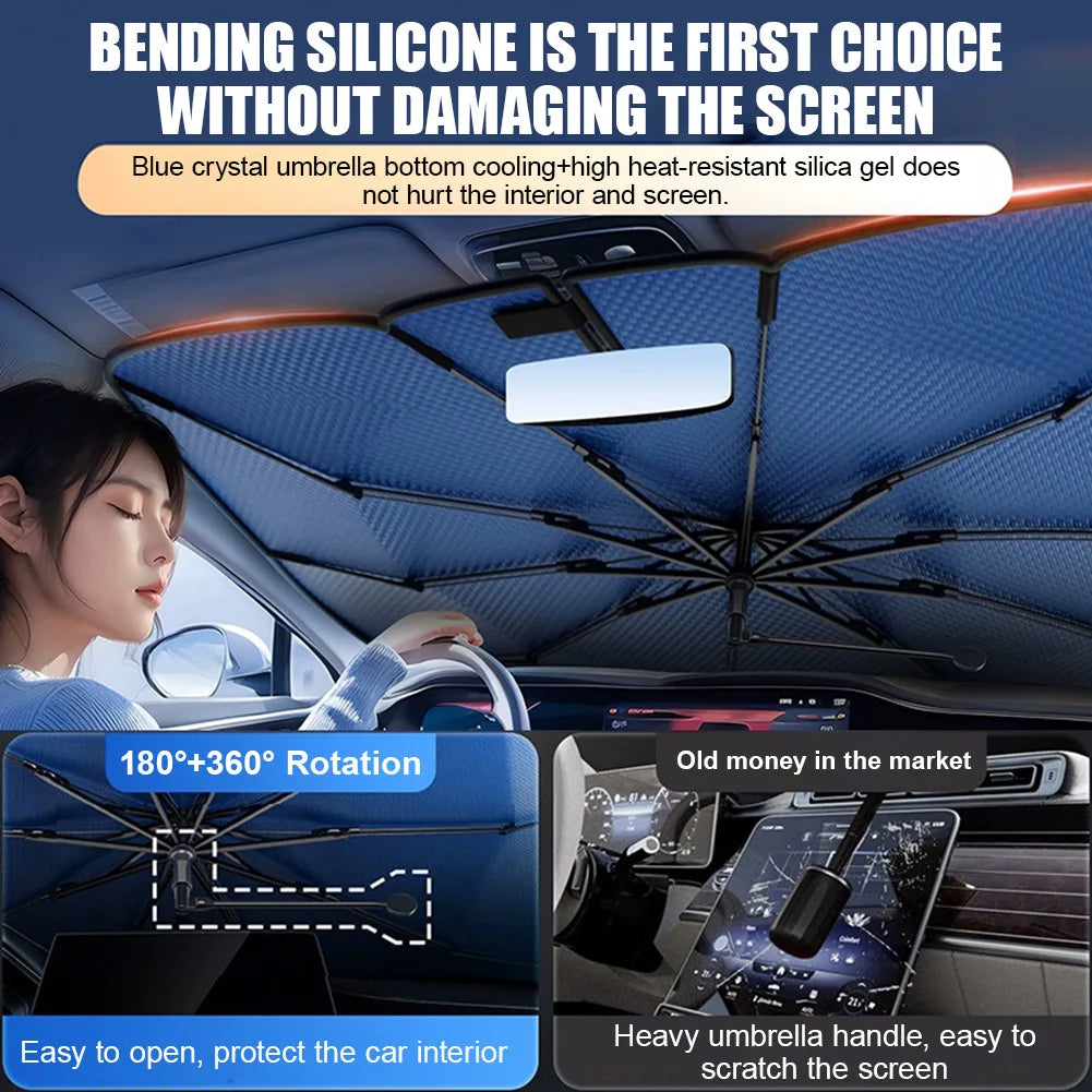 Car Sunshade Windshield Umbrella with 360° Rotation Bendable Handle Front Window