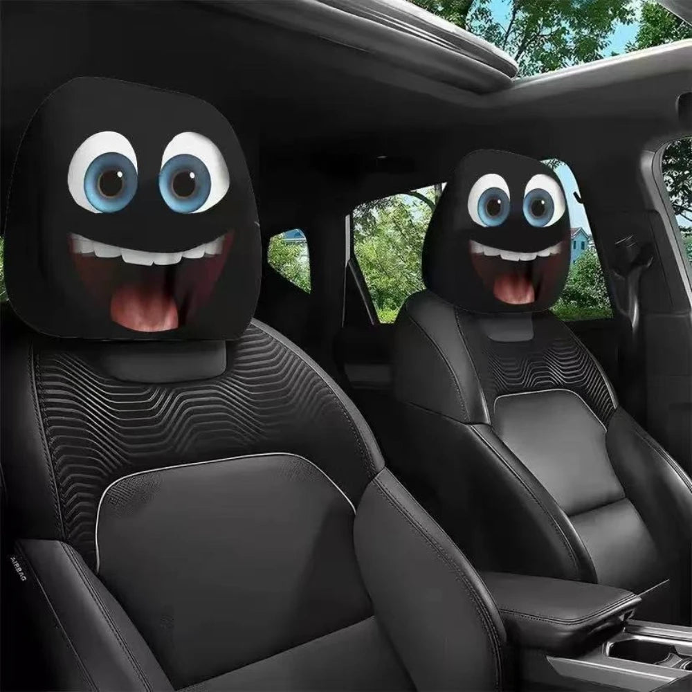 2pcs Horror-Themed Car Headrest Covers Black White Face Design Unfilled Interior