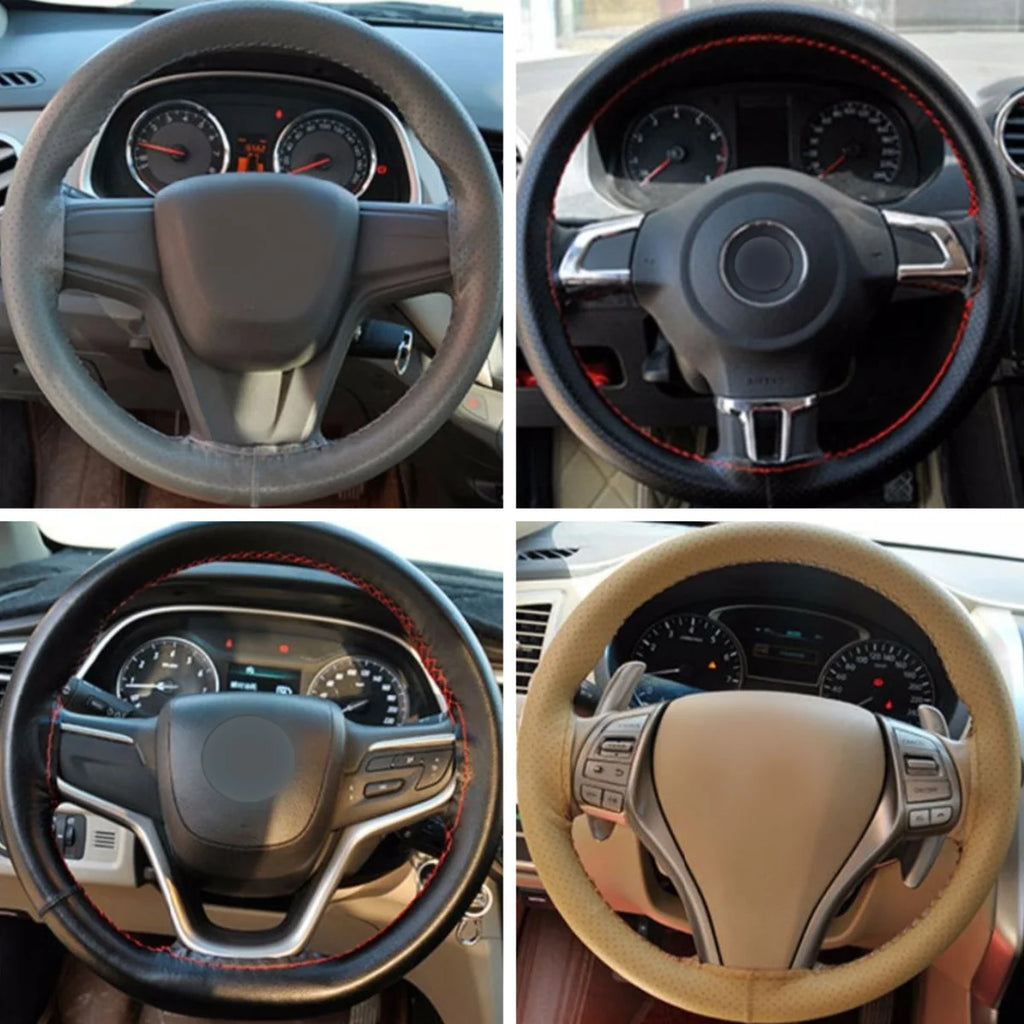 Universal Leather Car Steering Wheel Stitch On Wrap Cover Fit for 38cm 14" DIY