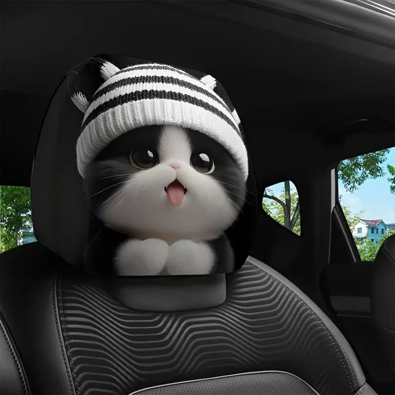 2 pcs Cute Striped Knitted Kitty Cat Car Headrest Covers Polyester Universal