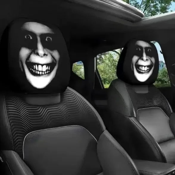 2pcs Horror-Themed Car Headrest Covers Black White Face Design Unfilled Interior