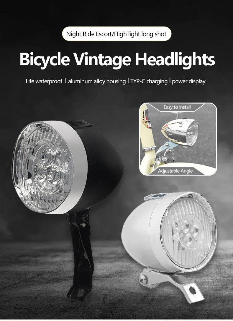 Retro Bike Headlight Type-C Rechargeable Classic Mountain Bicycle Front Light 3 LED MTB Road Bike Headlamp Cycling Accessories