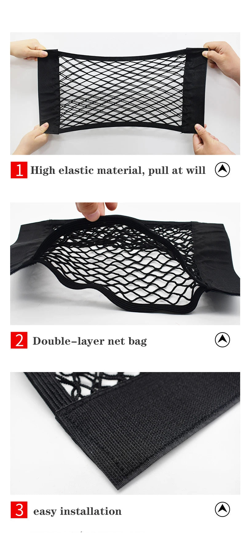 Car Seat Back Organizer Trunk Net Mesh Pocket Elastic String Magic Sticker