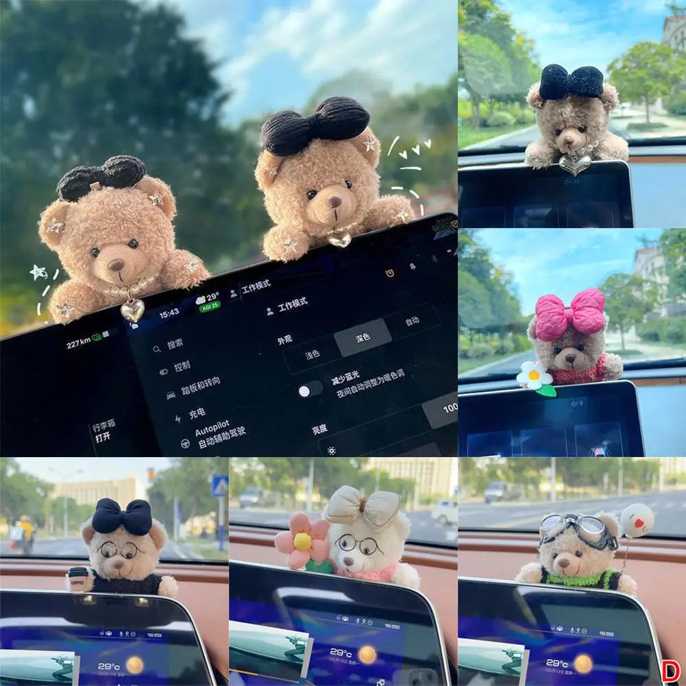 Car Decoration Interior Bear Screen Ornaments Plush Cartoon Cute Center Console Premium Automotive Accessory