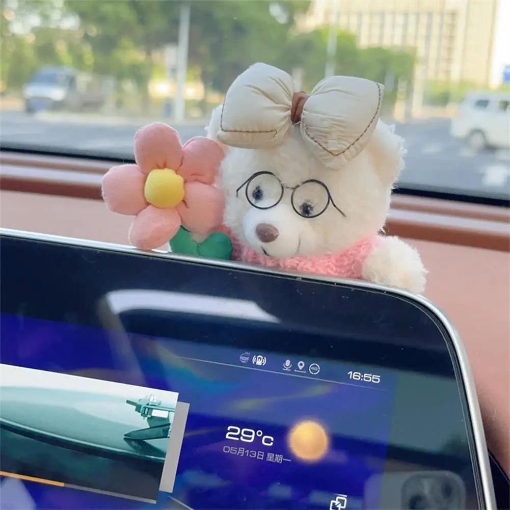 Car Decoration Interior Bear Screen Ornaments Plush Cartoon Cute Center Console Premium Automotive Accessory