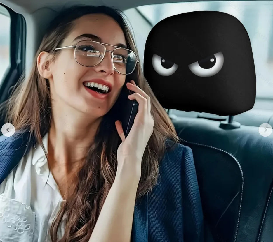 2pcs Horror-Themed Car Headrest Covers Black White Face Design Unfilled Interior