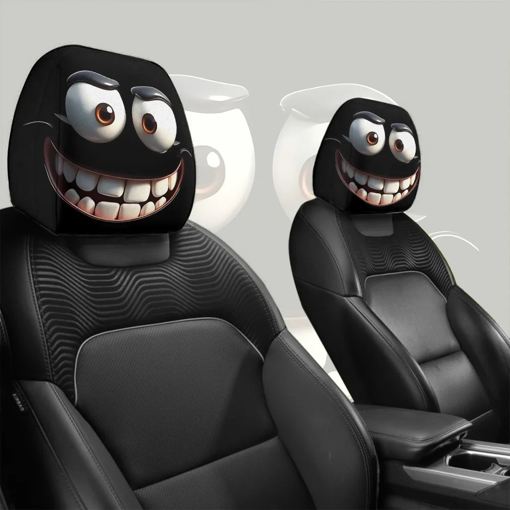 2 pcs Funny Big-Eyed Cartoon Print Car Headrest Cover Interior Auto Protector