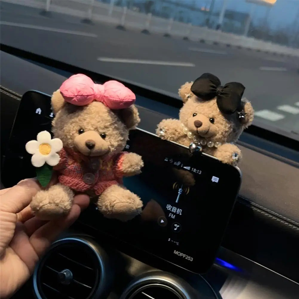 Car Decoration Interior Bear Screen Ornaments Plush Cartoon Cute Center Console Premium Automotive Accessory