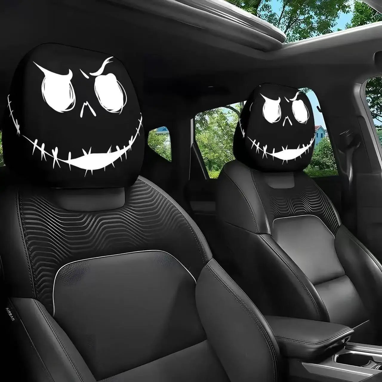 2pcs Horror-Themed Car Headrest Covers Black White Face Design Unfilled Interior