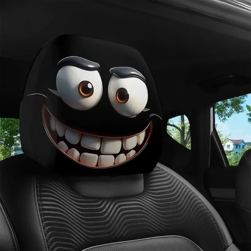 2 pcs Funny Big-Eyed Cartoon Print Car Headrest Cover Interior Auto Protector