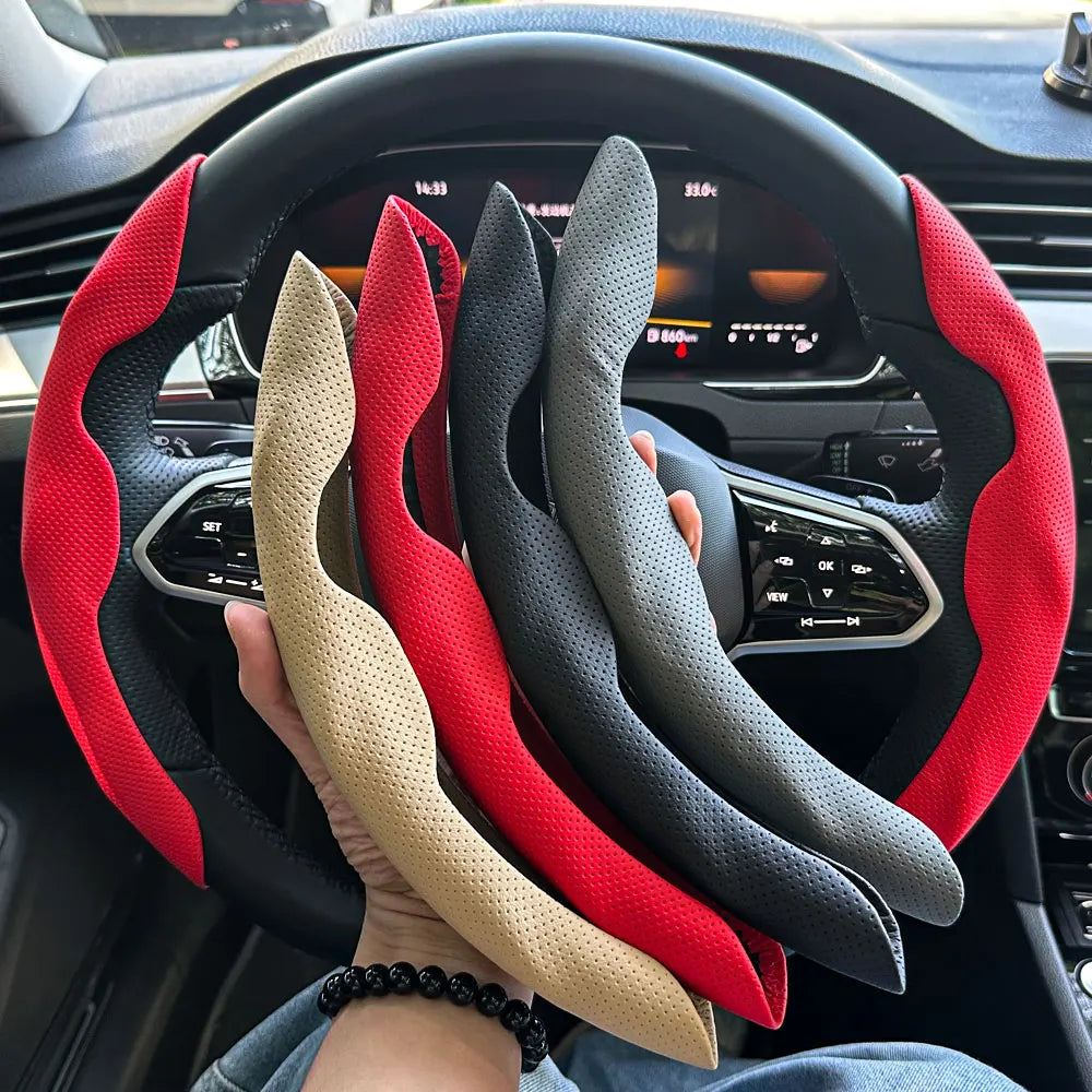 Universal D-shaped Round Car Steering Wheel Cover Ventilation hole Leather