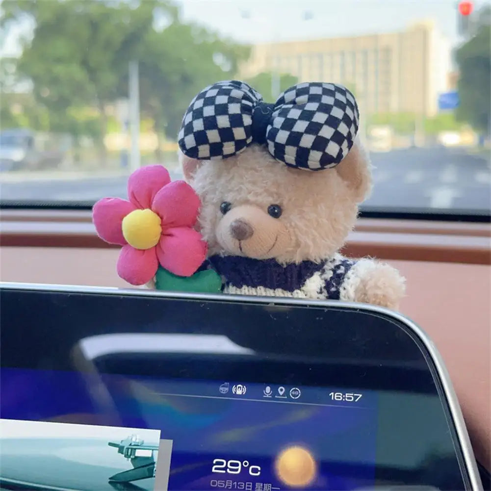 Car Decoration Interior Bear Screen Ornaments Plush Cartoon Cute Center Console Premium Automotive Accessory
