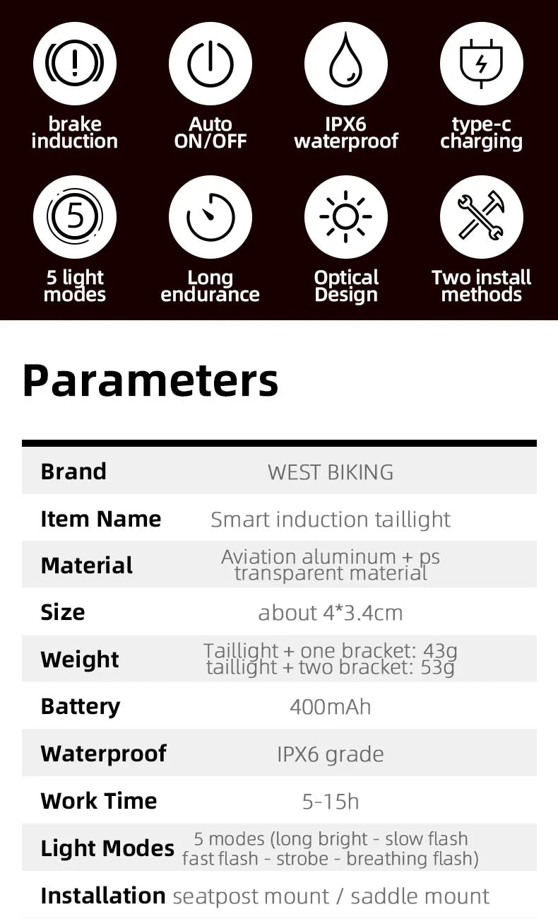 WEST BIKING Bike Tail Light Smart Sensing MTB Road Bike Rear Light  IPX6 Waterproof Type-C Charging Taillight Cycling Accessory