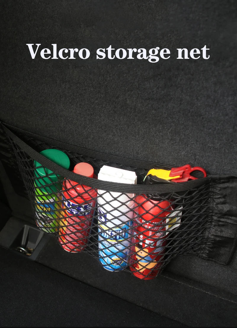 Car Seat Back Organizer Trunk Net Mesh Pocket Elastic String Magic Sticker