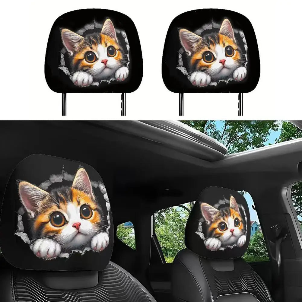 2PCS Bear Car Headrest Covers Universal Elastic Funny Printed Pillowcase