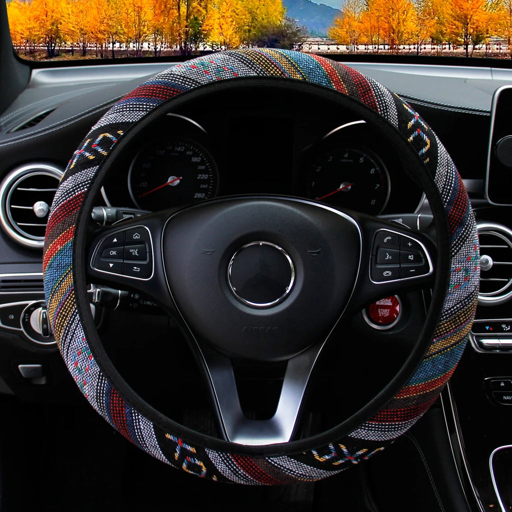 Steering Wheel Cover Breathable Cotton-Like Fabric Rimless Car Decoration