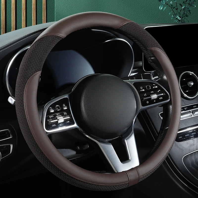 Car Steering Wheel Cover Premium Leather Stitched with Breathable Mesh Fabric