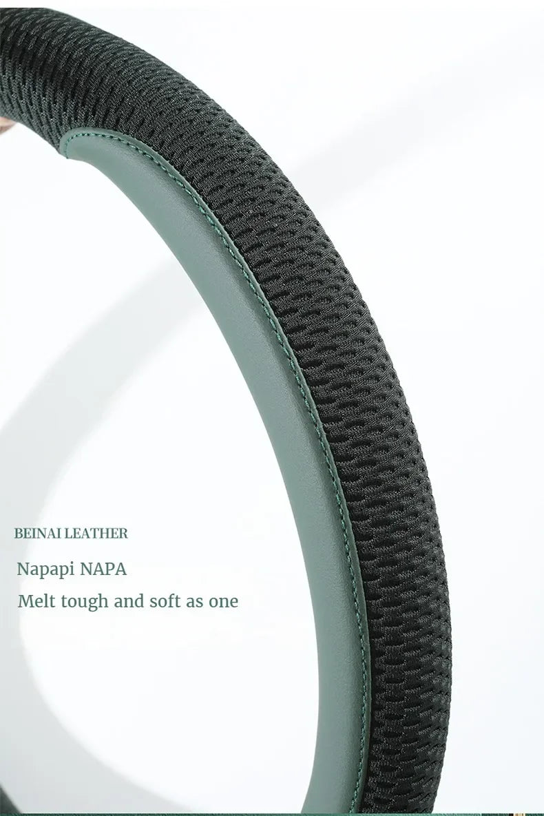 Car Steering Wheel Cover Premium Leather Stitched with Breathable Mesh Fabric
