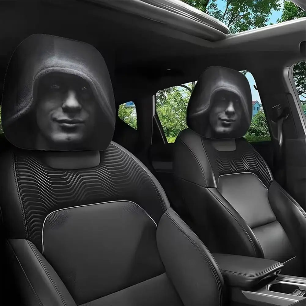 2pcs Horror Face Print Car Headrest Covers Elastic Fit Lightweight Washable