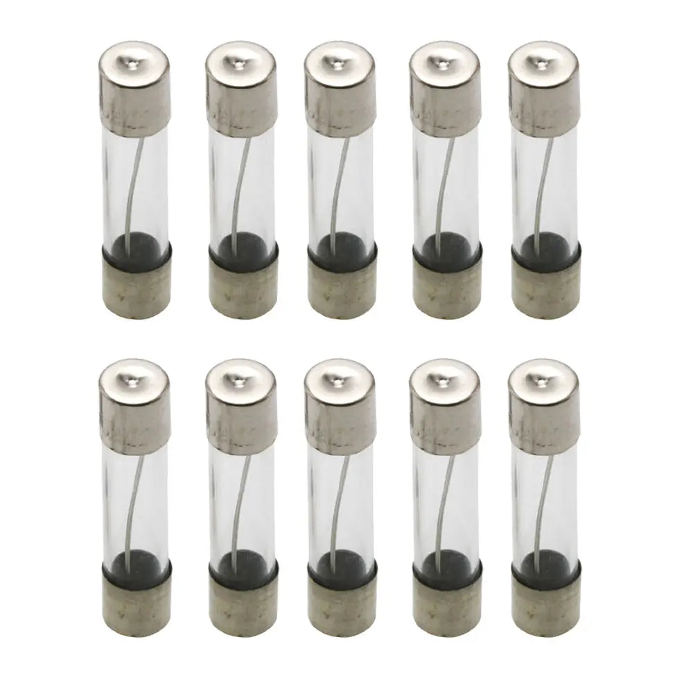 Set of 10 glass automotive fuses with metal casings Cartridge Fuse on a white background