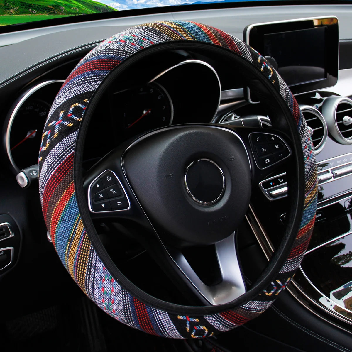 Steering Wheel Cover Breathable Cotton-Like Fabric Rimless Car Decoration