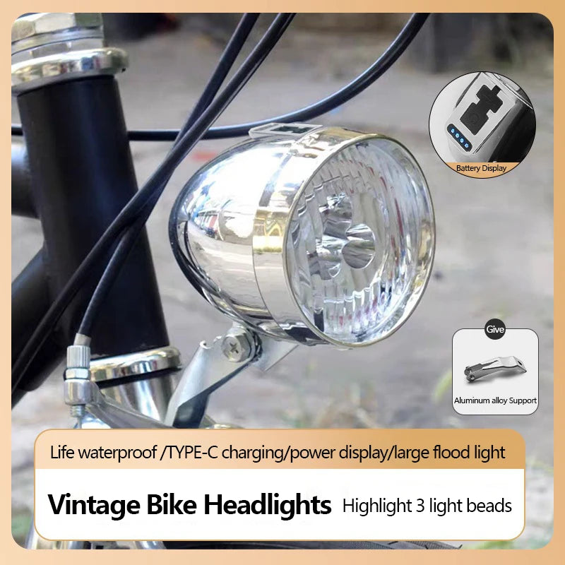 Retro Bike Headlight Type-C Rechargeable Classic Mountain Bicycle Front Light 3 LED MTB Road Bike Headlamp Cycling Accessories