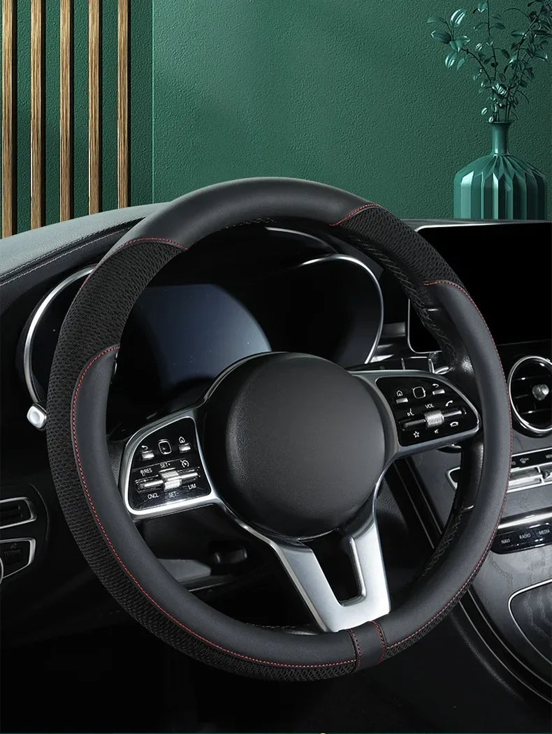 Car Steering Wheel Cover Premium Leather Stitched with Breathable Mesh Fabric