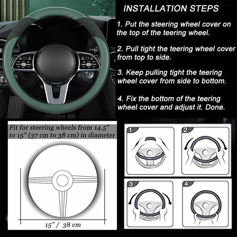 Car Steering Wheel Cover Premium Leather Stitched with Breathable Mesh Fabric