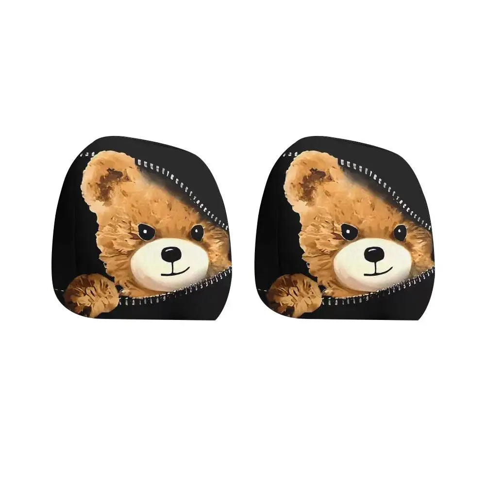 2PCS Bear Car Headrest Covers Universal Elastic Funny Printed Pillowcase