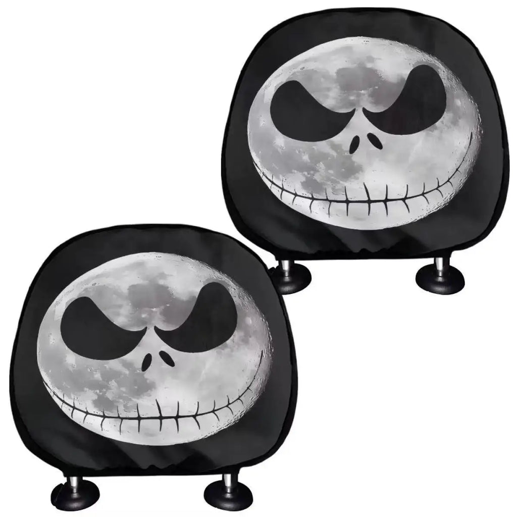 2pcs Horror-Themed Car Headrest Covers Black White Face Design Unfilled Interior
