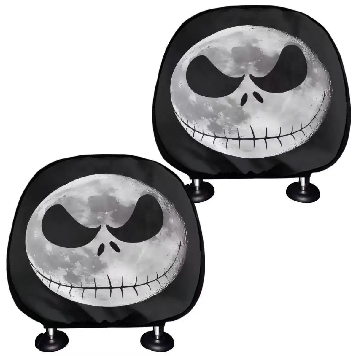 2pcs Horror-Themed Car Headrest Covers Black White Face Design Unfilled Interior