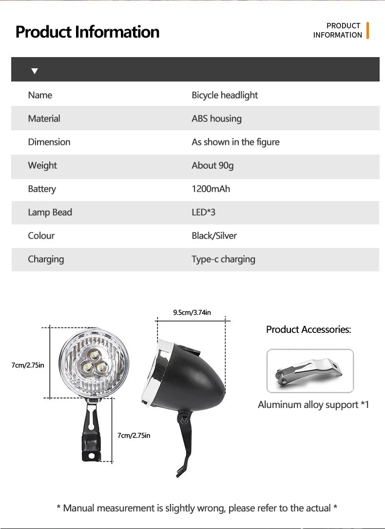 Vintage Bicycle Front Light 3 LED Bike Headlight MTB Flashlight Retro Design Cycling Head Lamp for Night Riding Black Silver