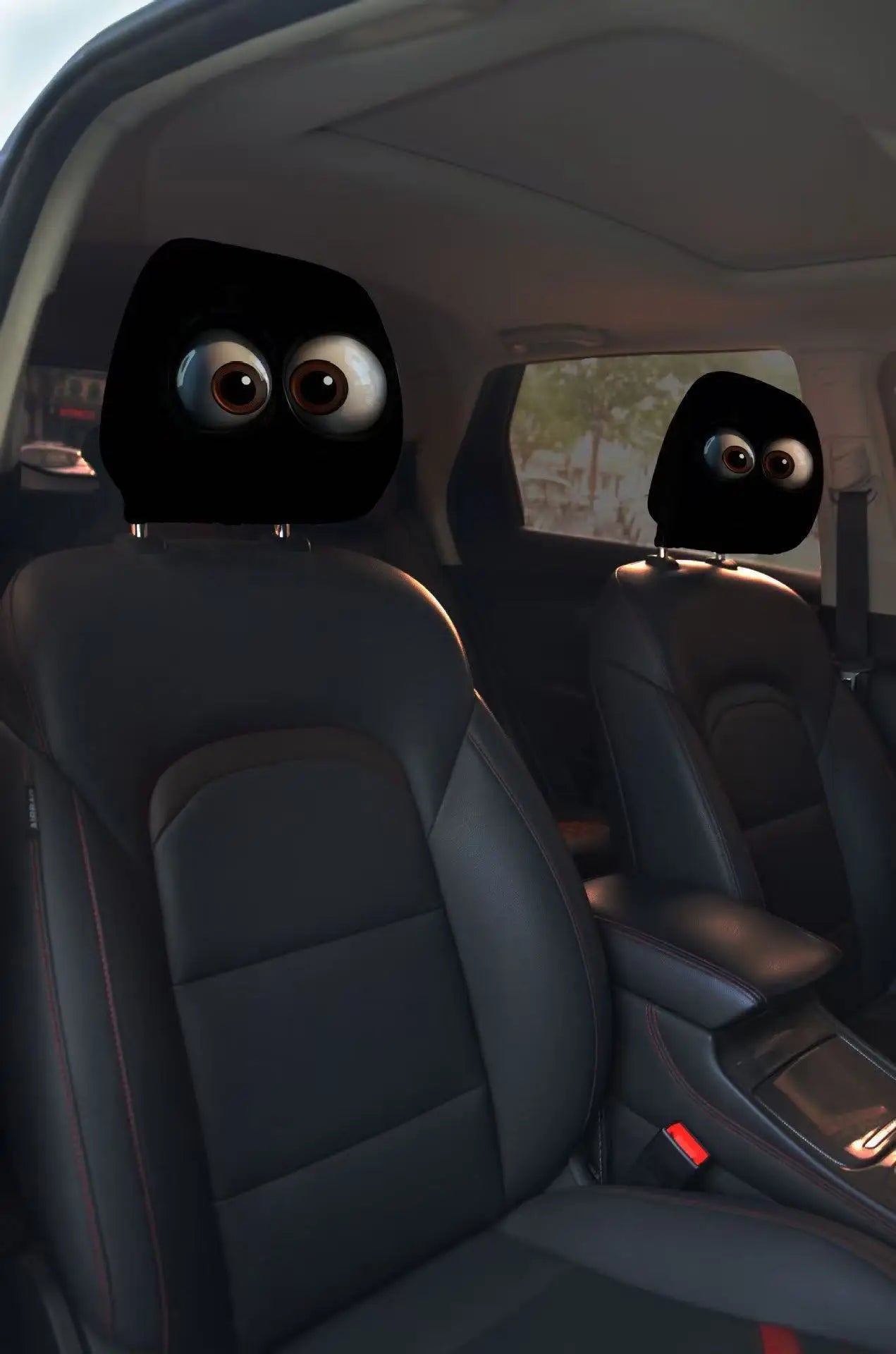2pcs Horror-Themed Car Headrest Covers Black White Face Design Unfilled Interior