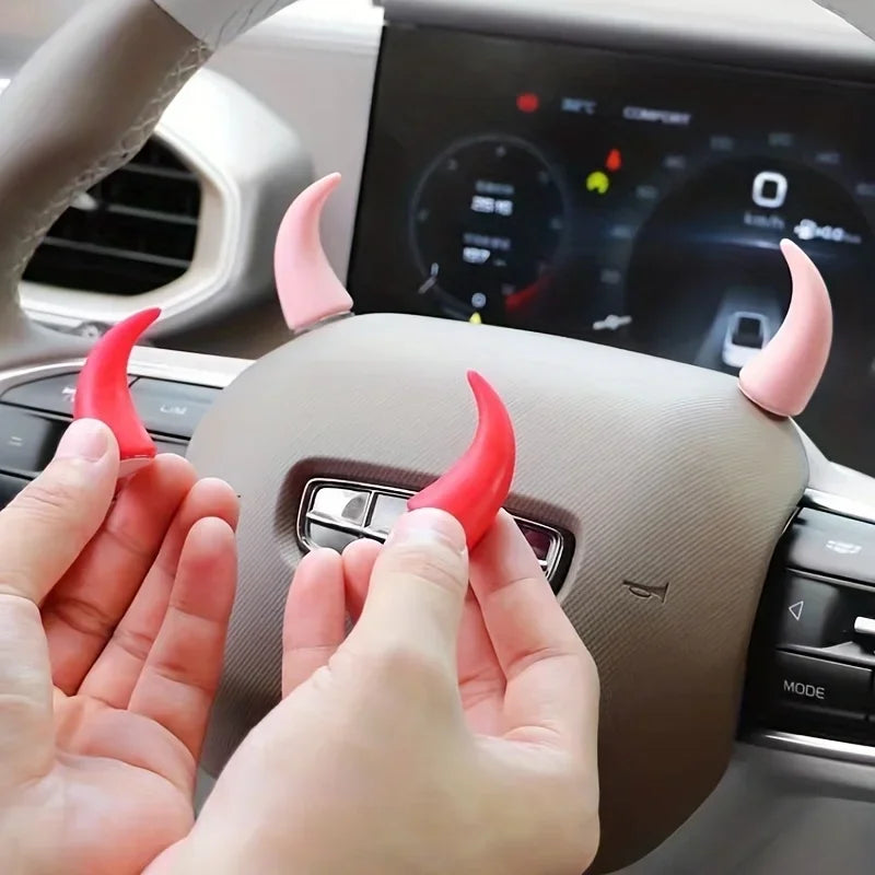 2 pcs Car Mini Steering Wheel Devil Horns Corner Decorative Sticker Cute Creativ