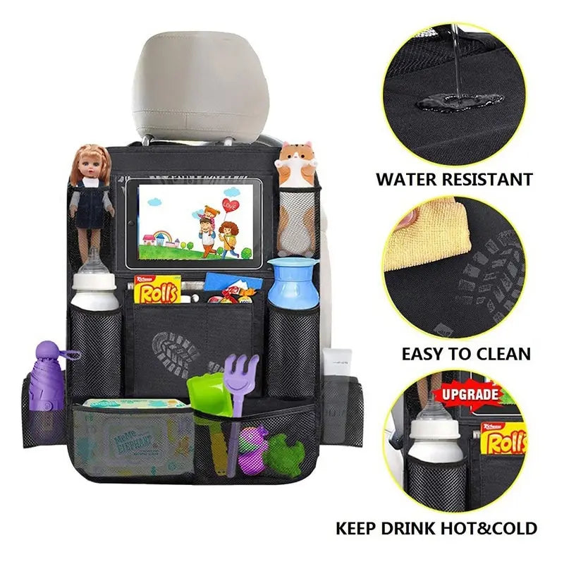 Car Backseat Organizer with Touch Screen Tablet Holder Auto Storage Pockets