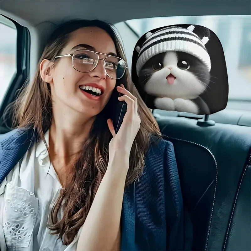 2 pcs Cute Striped Knitted Kitty Cat Car Headrest Covers Polyester Universal