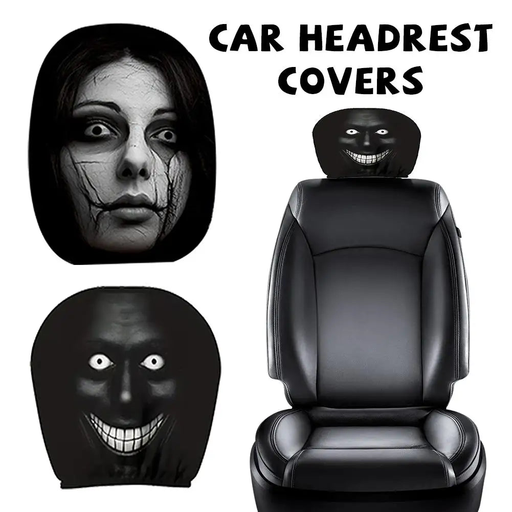 2pcs Horror Face Print Car Headrest Covers Elastic Fit Lightweight Washable