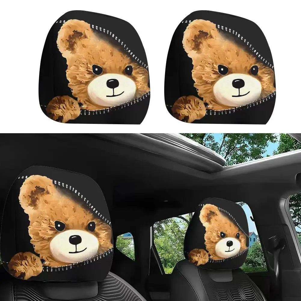 2PCS Bear Car Headrest Covers Universal Elastic Funny Printed Pillowcase