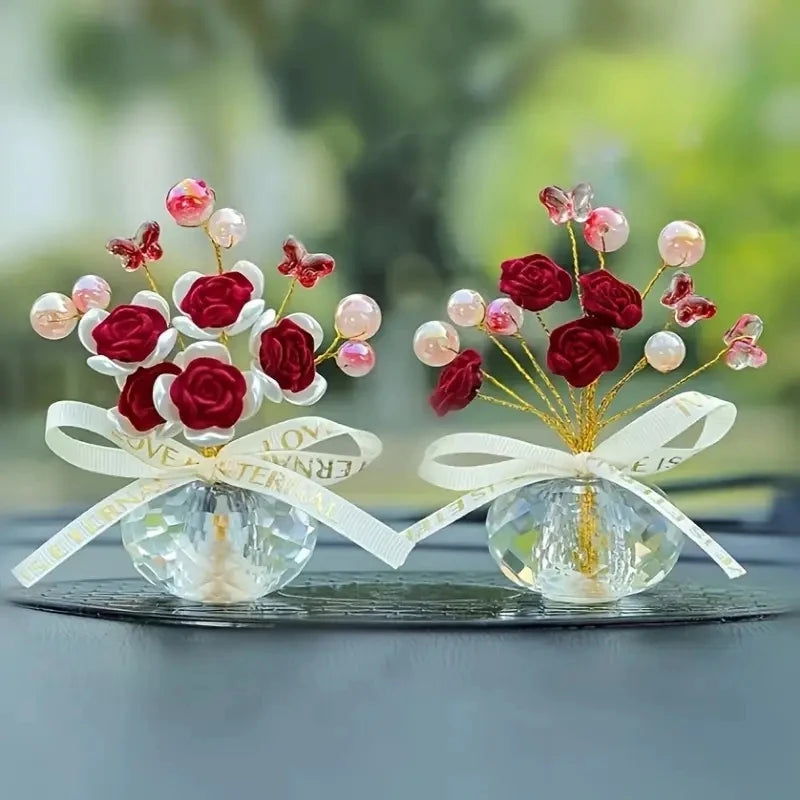 Crystal Glass Rose Dashboard Ornament Elegant Home,/Bedroom/Car Decor, Festive Premium Automotive Accessory