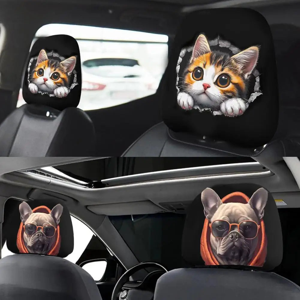 2PCS Bear Car Headrest Covers Universal Elastic Funny Printed Pillowcase